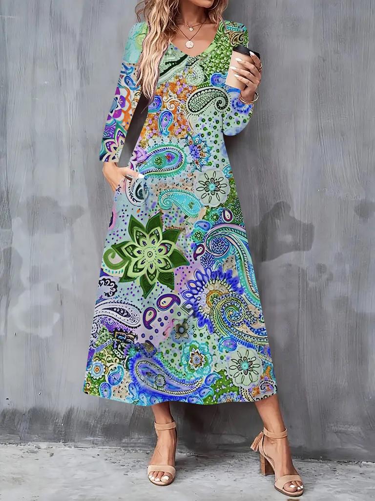 2025 Herbst und Winter Neues Damen Casual Modekleid 3D Retro Musterdruck Langarm V-Ausschnitt A-Linien-Kleider