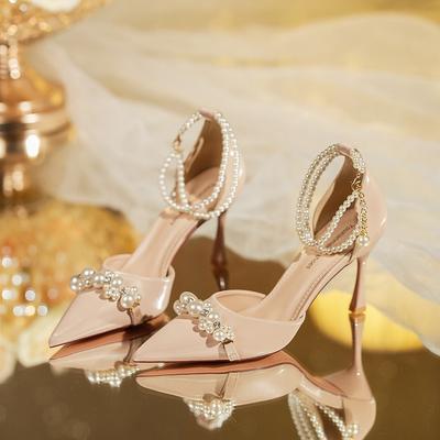 - French Temperament Pointed High Heels Summer Socialite Banquet Pearl Fairy with Skirt Lady Bridesmaid