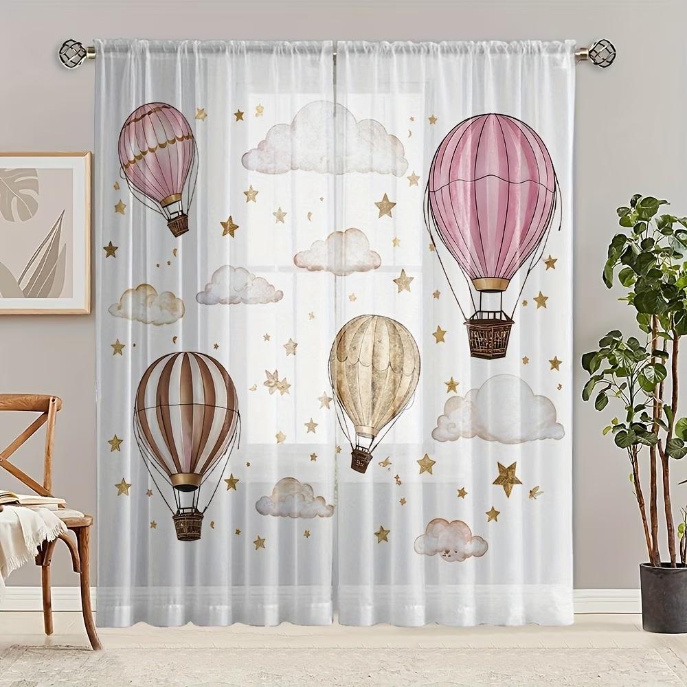 1Pc Pink Hot Air Balloon Sheer Curta - Dreamy Cloud & Star Print Window Drapes For Kids Bedroom Nursery Decor