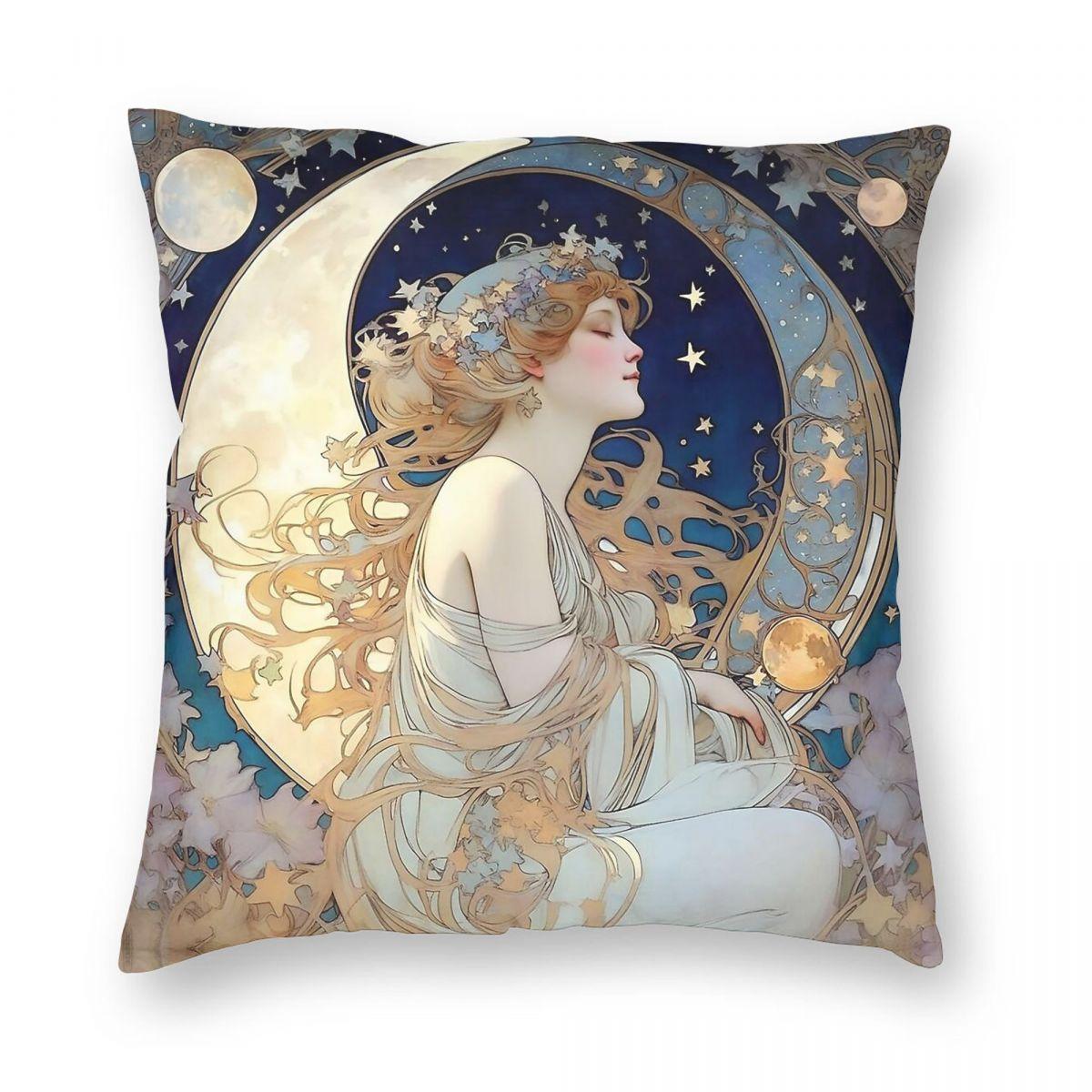 Celestial Dreams Mucha Moon Stars Square Pillowcase Polyester Linen Velvet Printed Zip Decor Car Cushion Cover 30x30cm