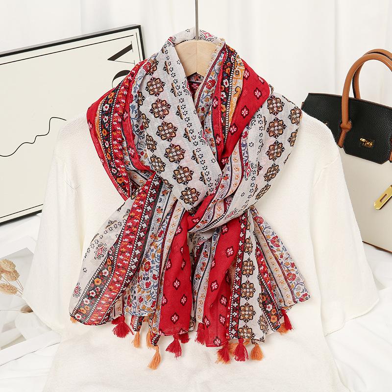 Hot-selling spring and summer new beard-hanging tassel scarf female exotic shawl travel wear yellow-green sunscreen