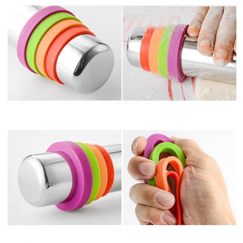 Adjustable Stainless Steel Rolling Pin Silicone Baking Mat Dough Roller 4 Removable Thickness Ring Cake Pizza Pastry Baking Tool