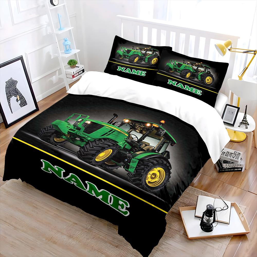 3Pc Custom Name Farm Tractor Printed Bedding Set Cartoon Anime Duvet Cover Comforter Pillowcase Boys Girls Children Adults King