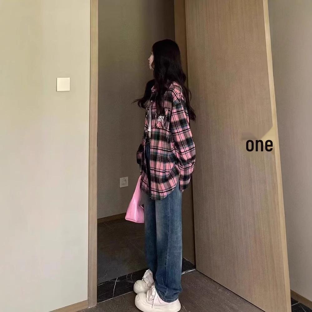 Korean Retro Minimalist Plaid Long-Sleeve Shirt Jacket for Women