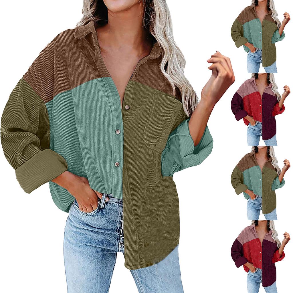 Women's Autumn And Winter Loose Corduroy Color Blocking Long-Sleeved Shirt Jacket