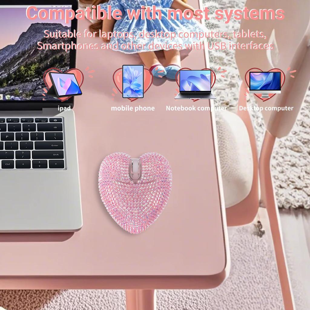 Cute Crystal Heart Shaped Bluetooth Wireless Mouse, 2.4GHz and USB Compatible, Rechargeable, Compact, Wireless, Compatible with iOS, MacBook,