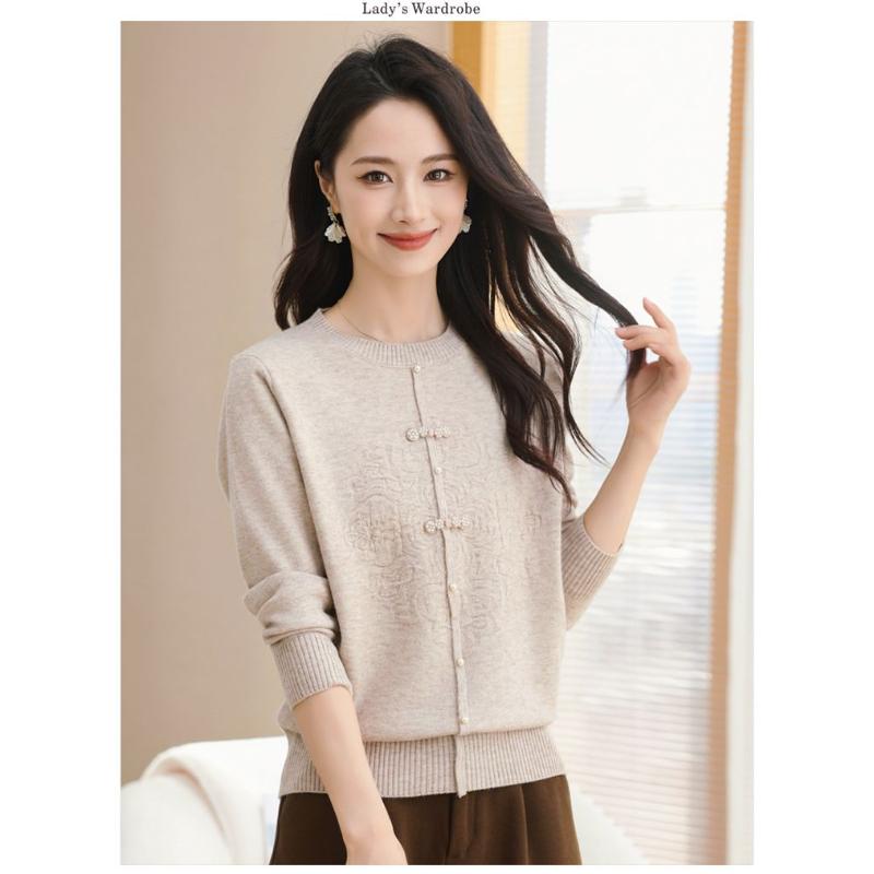 Autumn Women's New Spliced Round Neck Button Fashion Solid Color Chinese Style Knitted Long Sleeve Top