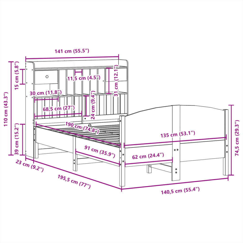 Solid Wood Bed with Shelf Without Mattress White 135 x 190 cm Pine