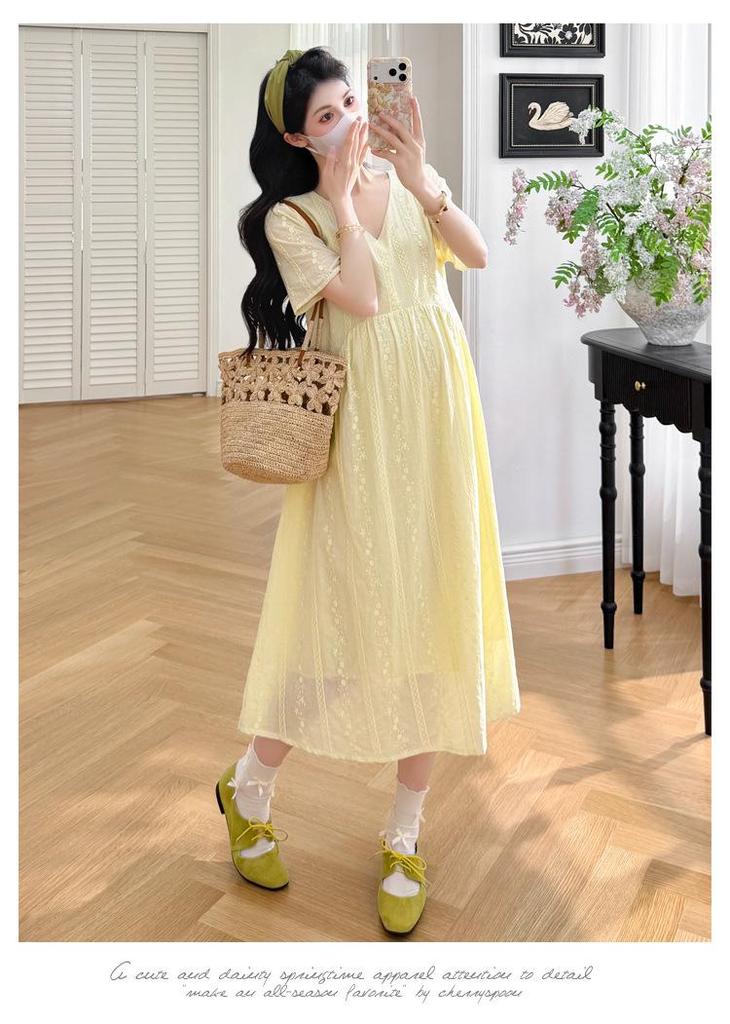 2026 Summer Gentle Style Embroidered Maternity Dress - Elegant, Slimming, and Age-Reducing