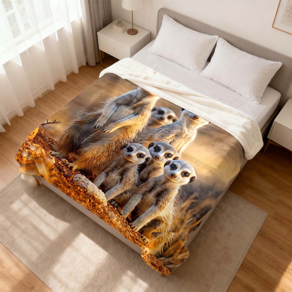 1Pc Meerkat Family Printed Flannel Throw Blanket Soft Warm Cozy Bedding Blanket For Sofa Couch Bedroom Living Room