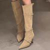 Vintage Suede Women Knee High Boots Fashion Pointed Toe Shoes Autumn Winter Thin Heel Ladies Short Plush Long Booties