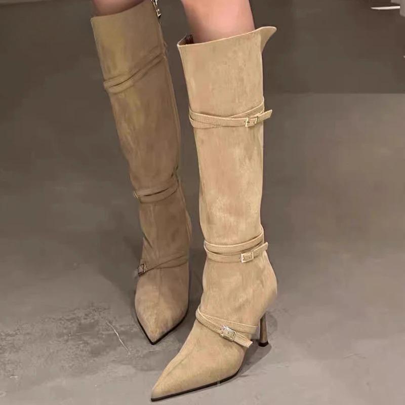 Vintage Suede Women Knee High Boots Fashion Pointed Toe Shoes Autumn Winter Thin Heel Ladies Short Plush Long Booties