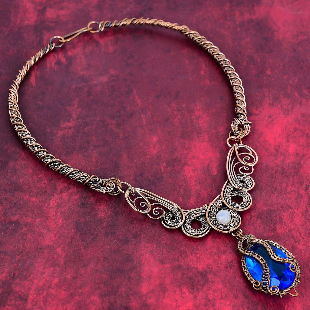 Faceted London Blue Topaz Gemstone Necklace Copper Wire Wrapped Necklace Handmade Jewelry Rainbow Moonstone Necklace Copper Jewelry for Gift
