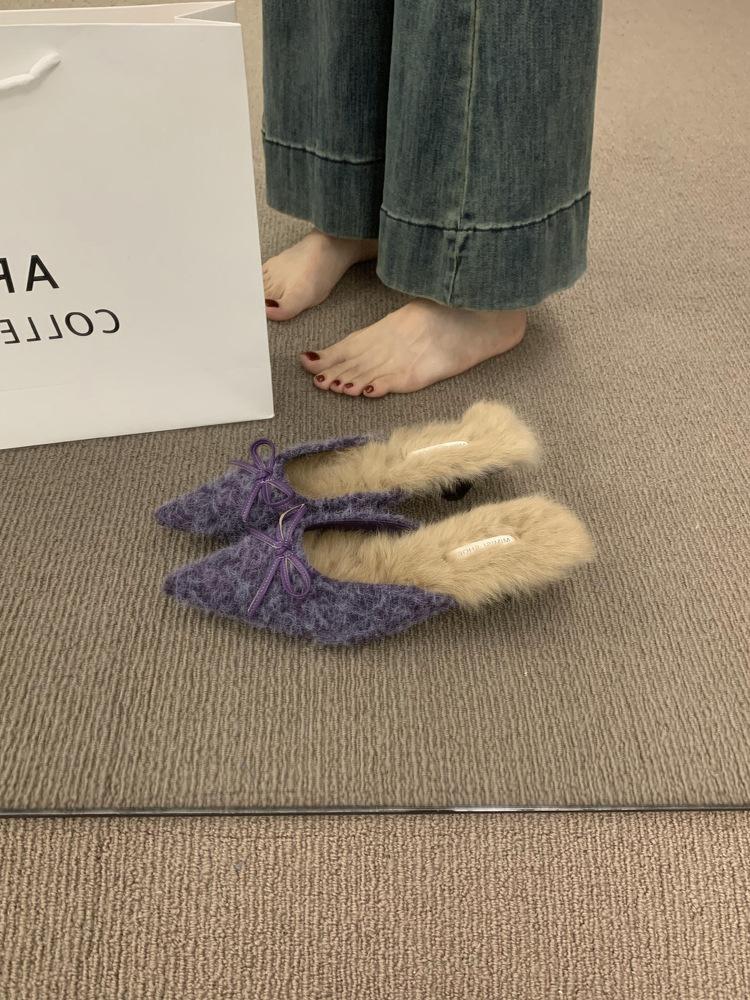 

Французский темперамент плюшевые тапочки-мешки с заостренным носком, ленивые туфли-мюллеры с одной педалью, плюшевые туфли для женщин, которые носят на улице зимой 35 фиолетовый