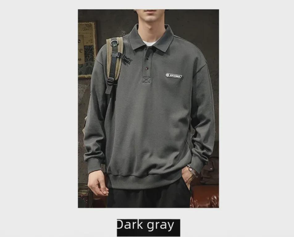 Men's White Chinese Cotton Polo Sweater: Long Sleeve, Velvet-Lined, Autumn/Winter.