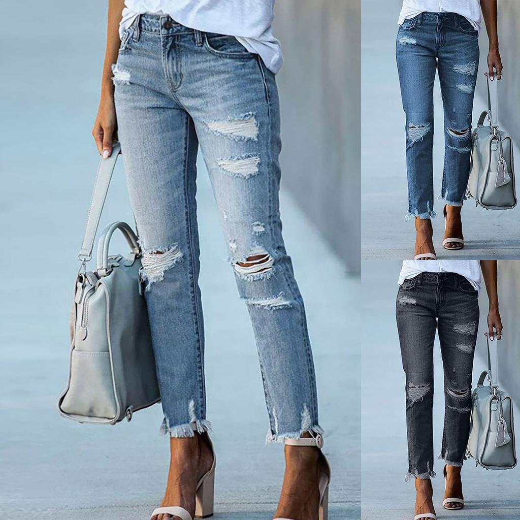 Klassiske allsidige moteriktige denimbukser med høy midje for kvinner