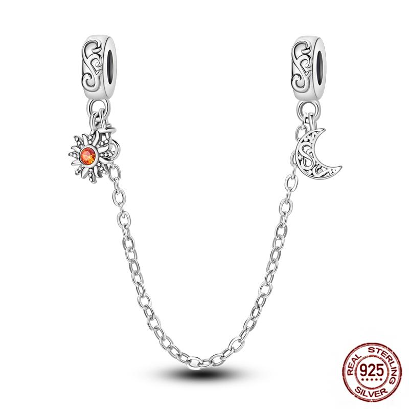 Star Moon Slide Safety Chains Charms 925 Sterling copper Heart Evil eyes Silicone Spacer Beads Fit Original Bracelet DIY Zircon