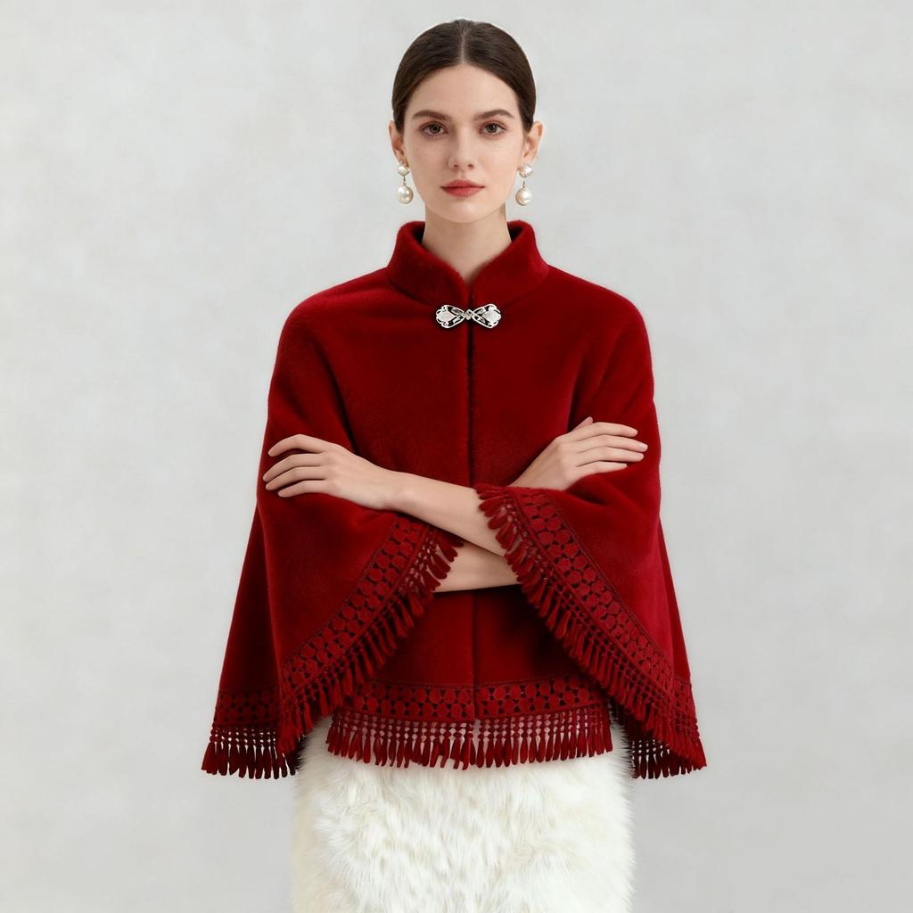 Cheongsam aus imitiertem Nerzfell mit Schal und Quaste, kurzer Cardigan für Wärme im Herbst und Winter