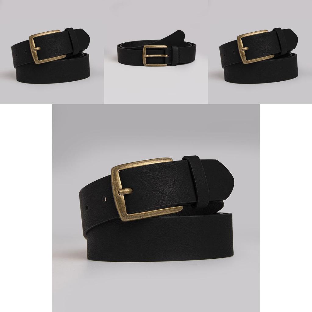 Casual Pu Leather Belt For Men With Vintage Copper Buckle And Modern Line Accents