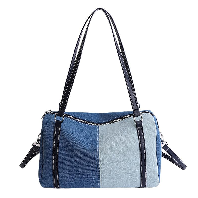 Contrasting-color Boston Pillow Denim Bag with Large Capacity and Single-shoulder Crossbody Design