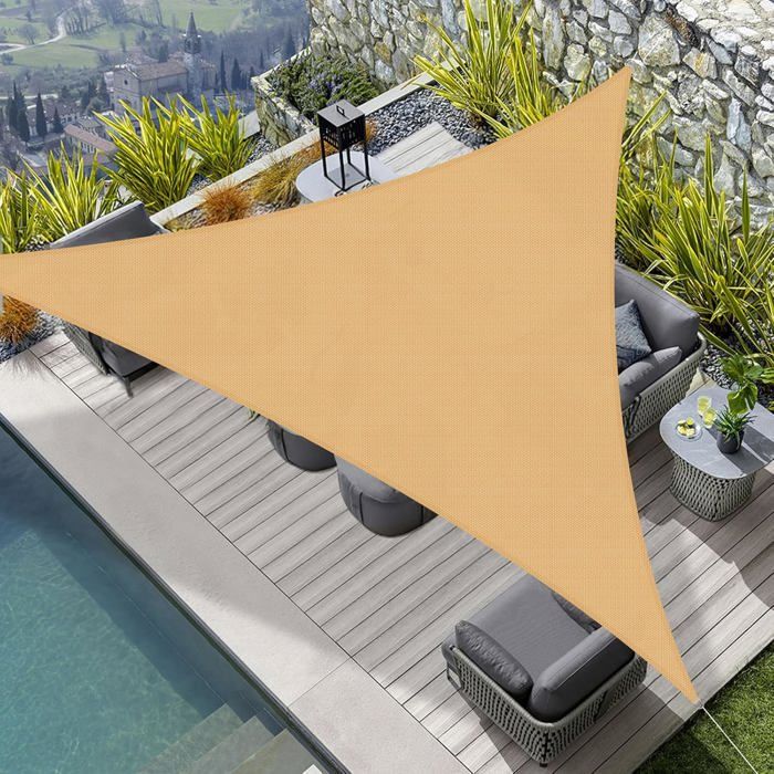 Voile d'ombrage triangulaire 2x2x2 m imperméable en polyester – protection UV, couleur sable