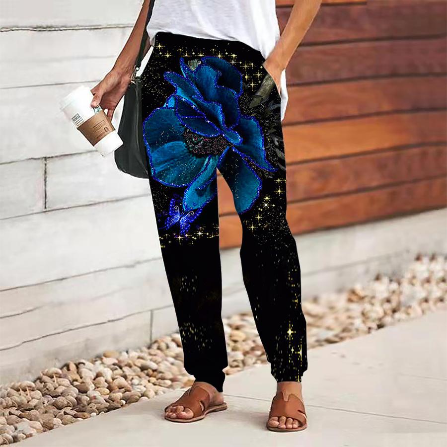 Women Flower Printing Pants Lace Up Elastic Waist Loose  Trousers Casual Long Pants Trousers with Pockets