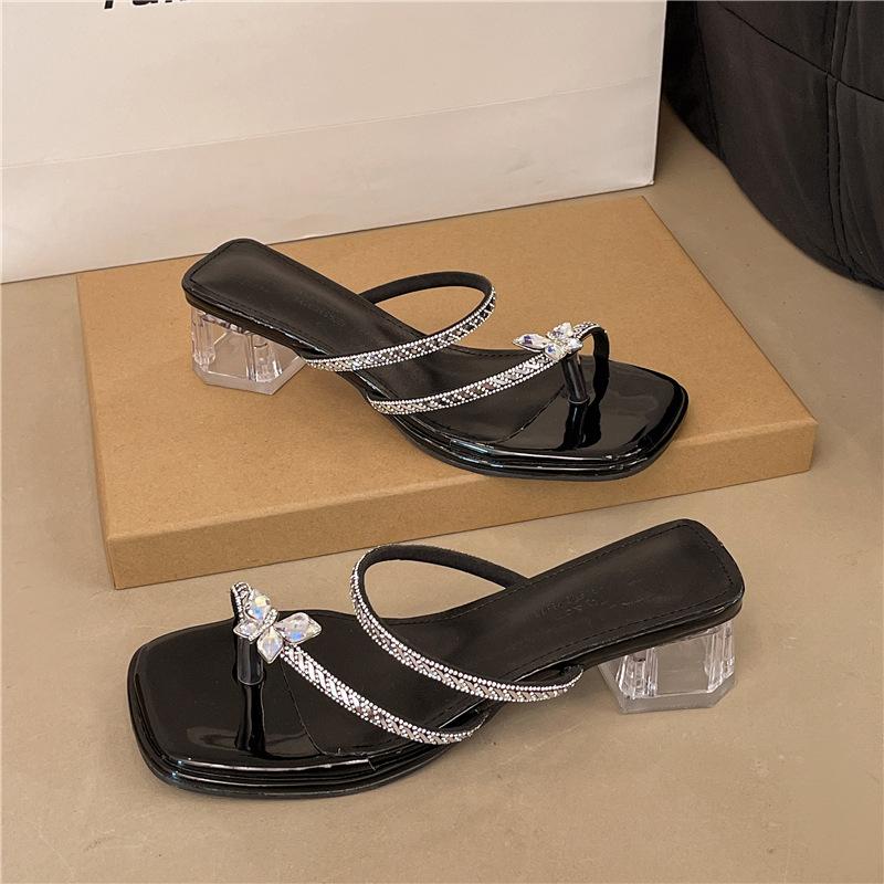 

Thick-heeled slippers women s summer wear new bow rhinestone temperament high-heeled crystal sandals 40 чёрный