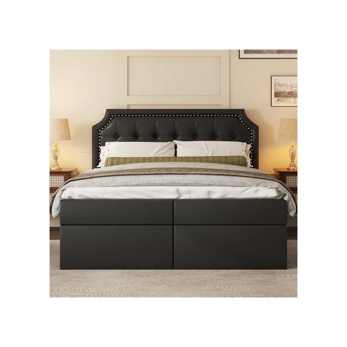 Lit double - MUVOE - 140x200cm - Noir - Sommier à lattes - Grand espace de rangement