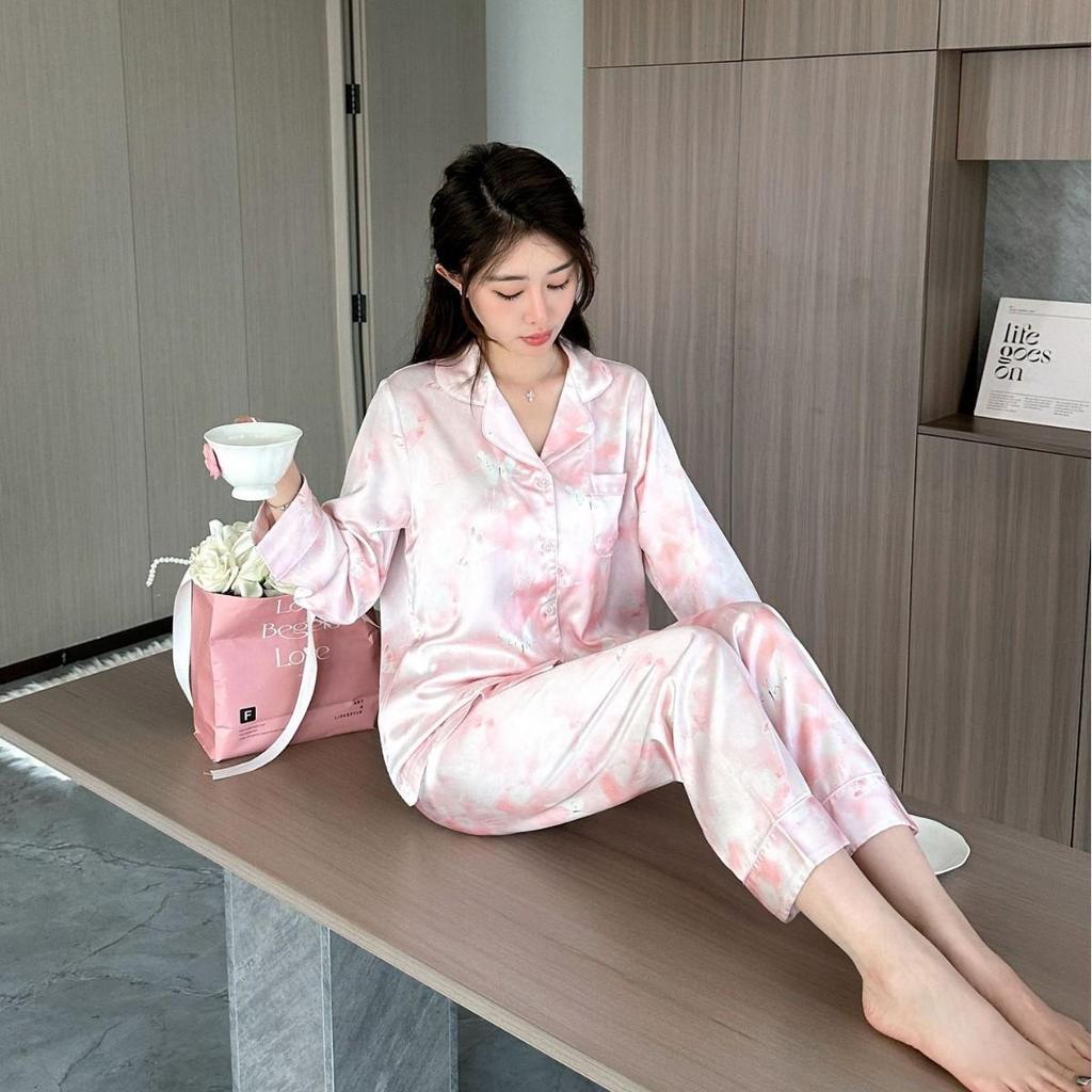 2025 Women's Ice Silk Tie-Dye Butterfly Pajama Set: Long Sleeve Top & Pants