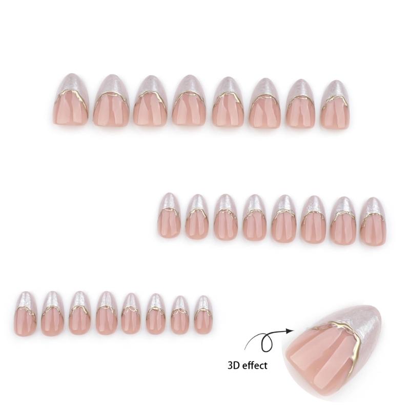 24 Pieces Short Almond Shape Press On Nail Glossy White French Tips with 3D Gold Line Decoration Artificial Nail