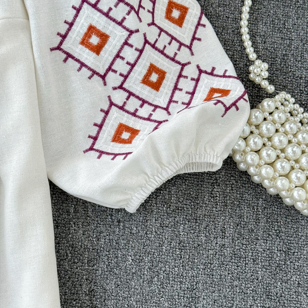 Bohemian Dress Women 2024 O Neck Ethnic Style Embroidery A-line Vestidos Retro French Chic Folds Dresses Summer Dropshipping