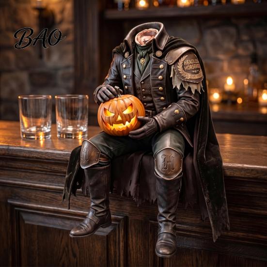 Headless Horseman Statue Resin with LED Warm Glow, Lighted Halloween Horror Figurine Sculpture, Gothic Tabletop Decor for Mantel Bookshelf And