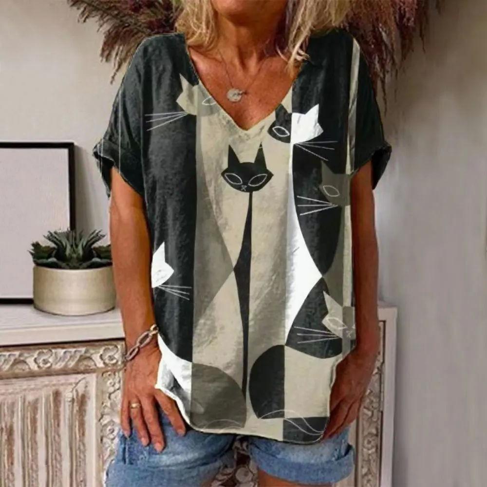 Summer V-neck 3D Cat Printed Top Fashionable Casual Short Sleeved Women's T-shirts