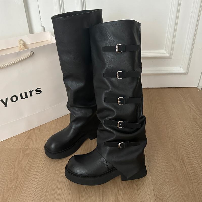 

Wasteland Wind But Knee Boots Women s 2025 Autumn and Winter Tall Knight Boots Retro Pile Boots Pants Tube Boots Women s Boots 35 чёрный