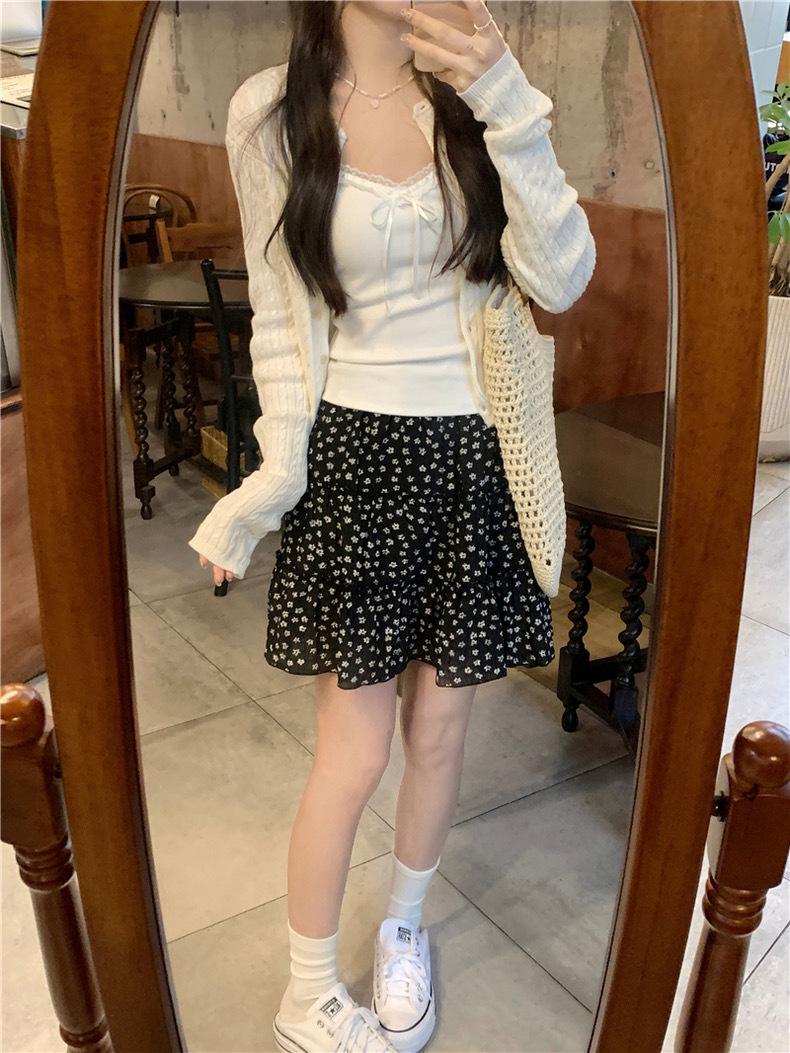 

Маленькая черная юбка-миди А-силуэта с цветочным принтом и высокой посадкой для женщин - Весенне-летний милый стиль 2XL чёрный