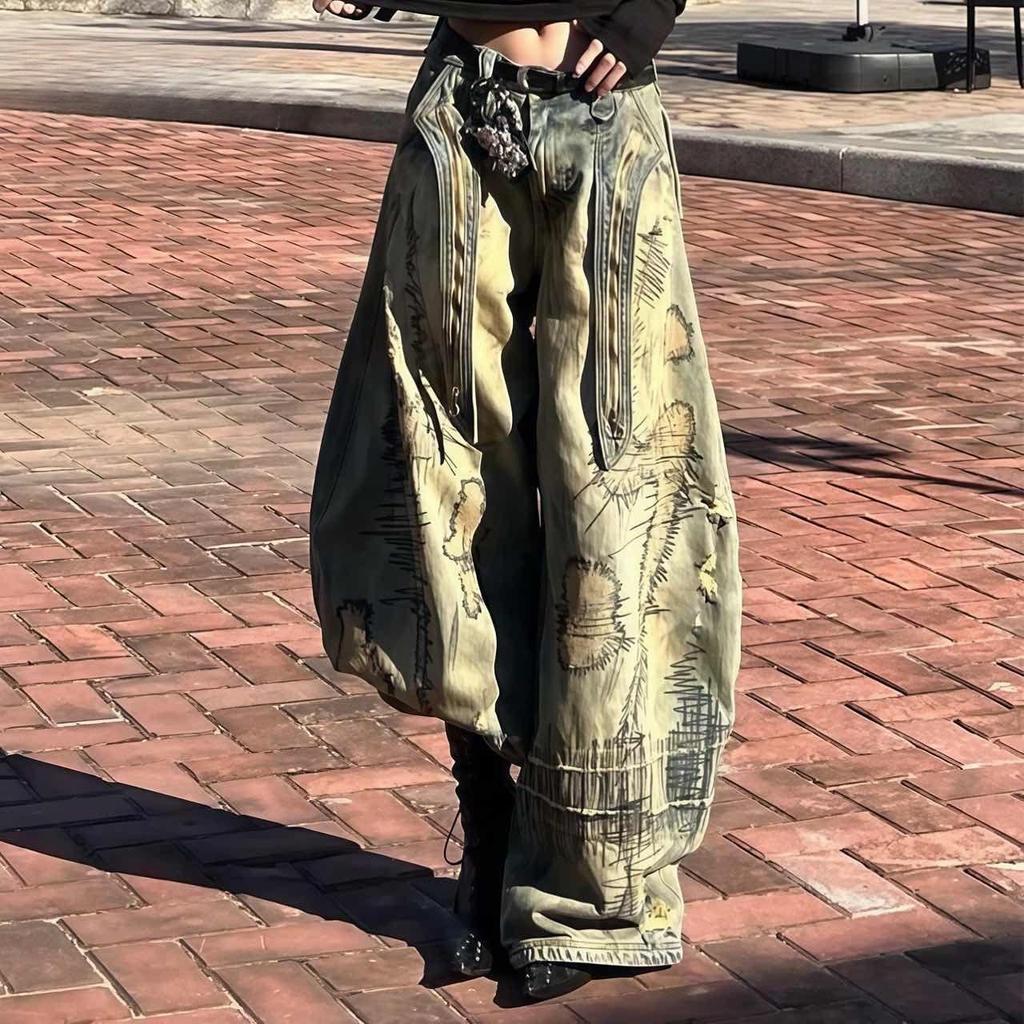 ZYLLO American Y2K Patch Needle Embroidery Heavy Industry Wide Leg Jeans Retro Dirty Dye Wash Loose Fashion Casual High-waist Jeans