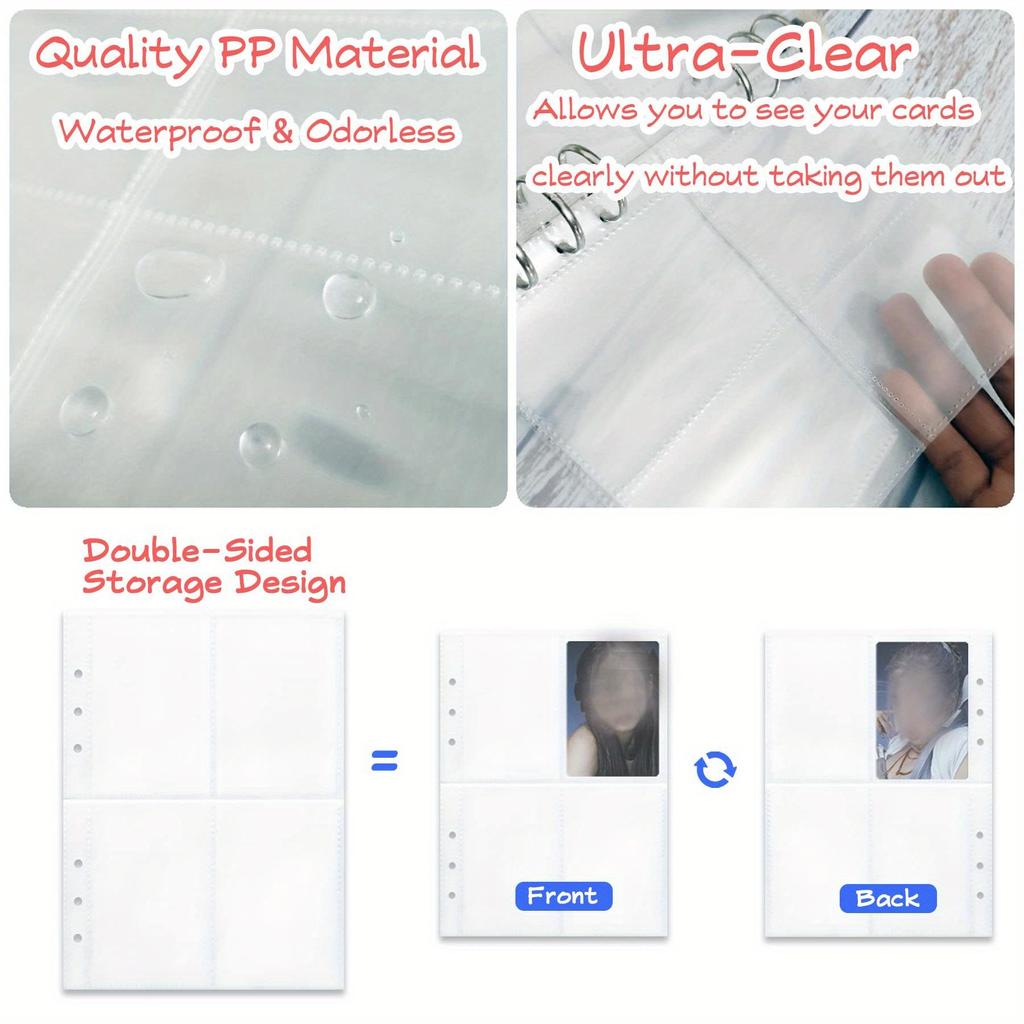 4 Pockets Top Loading Card Sleeves (200 Pockets) – Double-Sided Page Protector for 6 Ring Binder, Holds 2.7"x3.7" Cards: Kpop Photocard, Game
