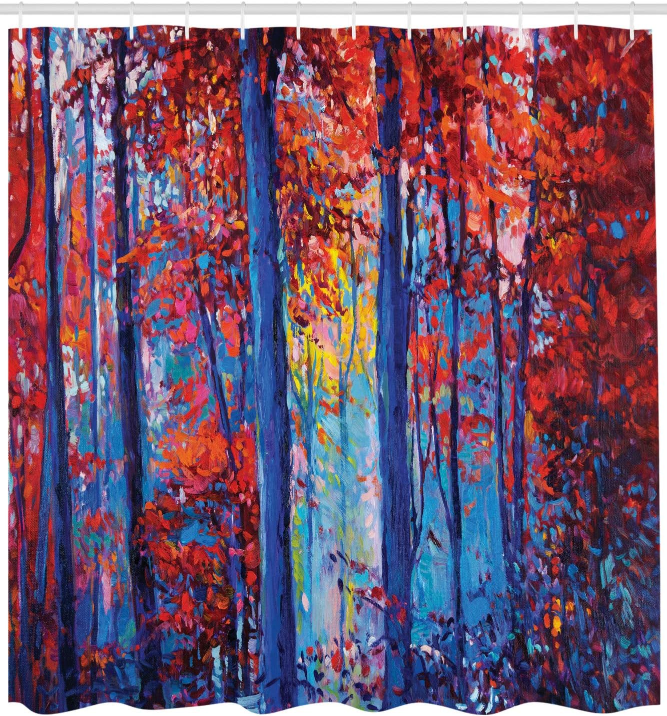 

Autumn Forest Shower Curtain with Hooks – Oil Painting Art, Scarlet Blue Impressionist Trees, Modern Nature Decor 90x180cm35x71in