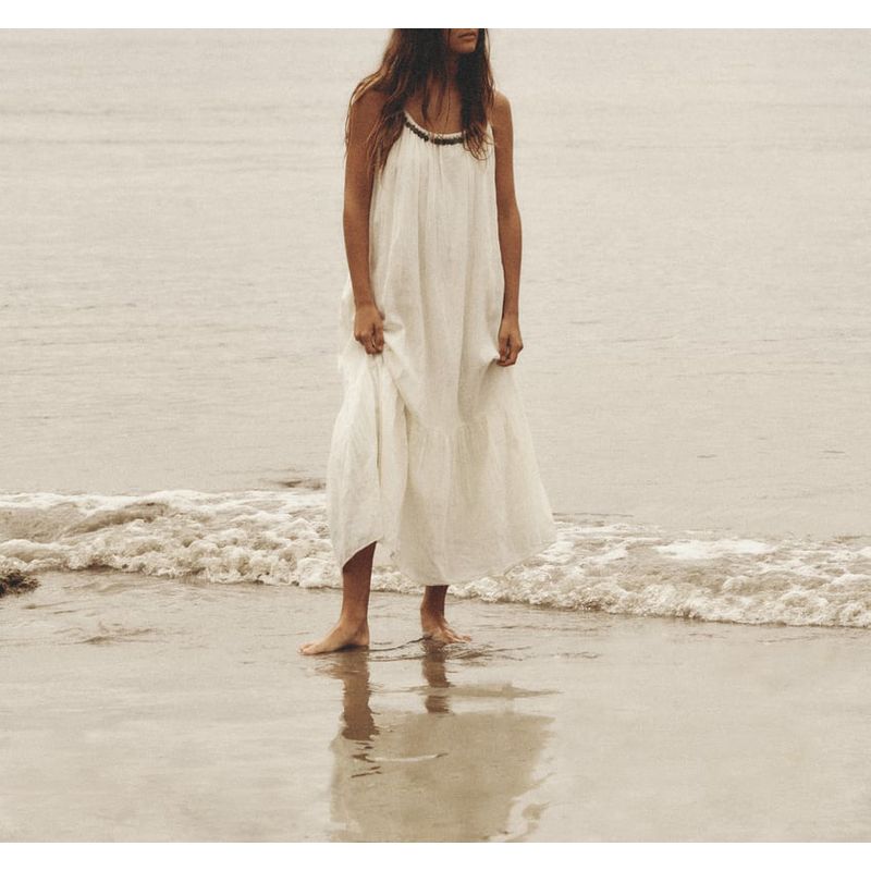 Spring New Holiday Casual Loose Linen Blended Coin Inlaid Midi Skirt Dress 7521329