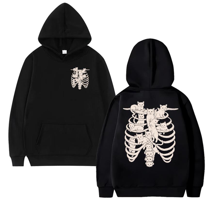 Gothic Harajuku Skeleton Cat Double Sided Printed Hoodies Men Women Fleece Casual Streetwear Pullovers Unisex Vintage Sweatshirt