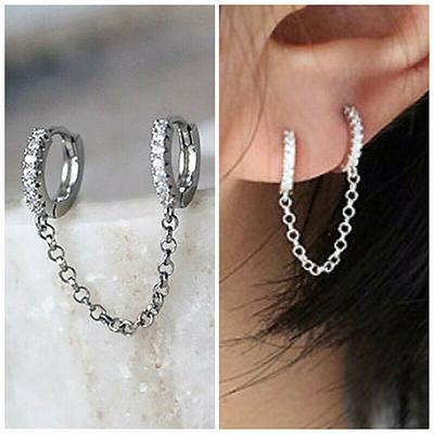 1 Pair Hoop Earrings Chain Tassel Cubic Zirconia Women Shiny Double Ear Pierced Circle