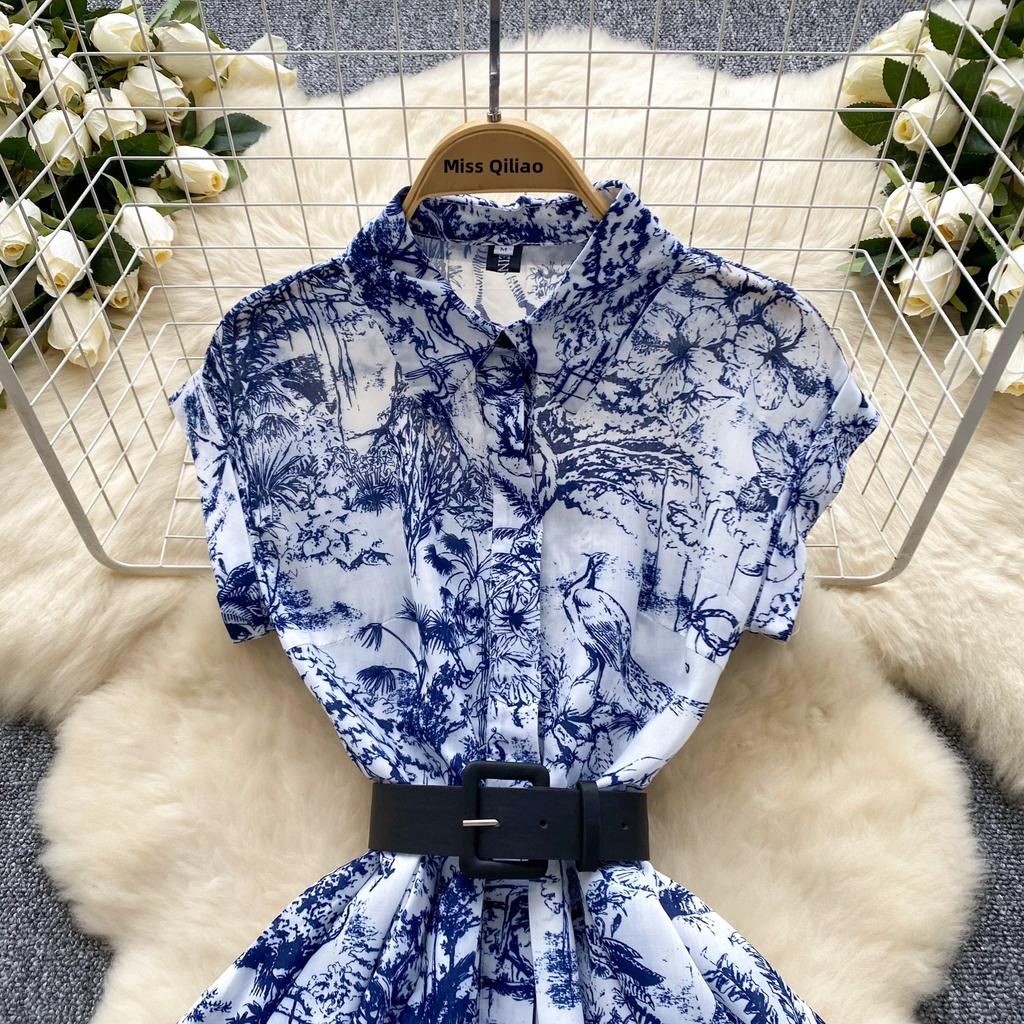 Women's Lapel Collar Vintage Midi Shirt Dress Summer Runway Pleated Short Sleeve Retro Jungle Print Belt Ladies Midi Dresses