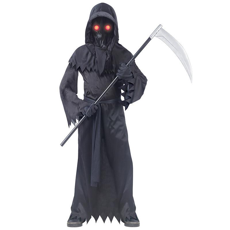 Unisex Children Mysterious Horror Grim Reaper Costume With Glowing Red Eyes And Scythe For Halloween Fun