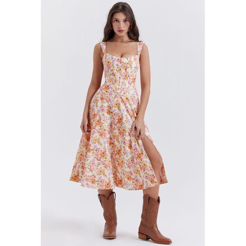 Summer European and American Temperament Waist Hugging Slimming Long Dress Sling Sexy Split Floral Dress Women Floral Dress