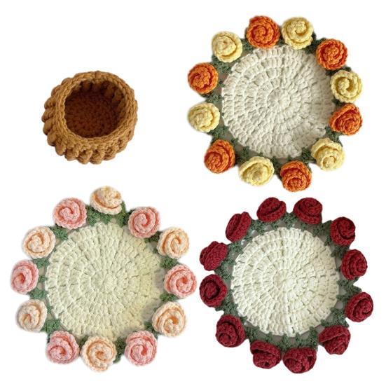 Handmade Crochet Flower Coasters Vintage Rose Flower Bouquet Coaster Unique Coffee Table Decor Accessories
