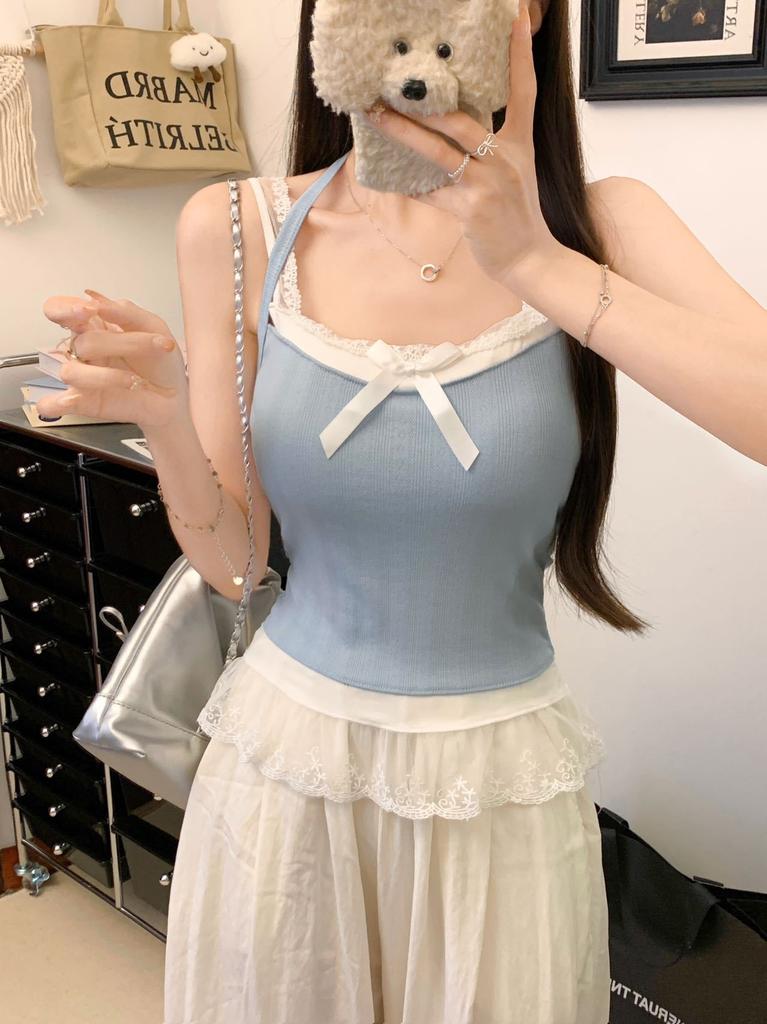 #Summer new Spice Girl lace edge sling vest female chic niche one-piece with chest pad versatile
