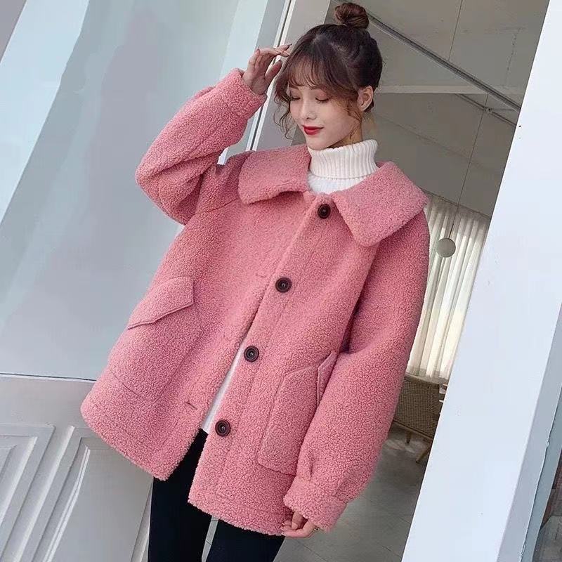 Thickened lamb wool integrated square collar pocket jacket women's autumn and winter plush large size single-breasted loose women's coat