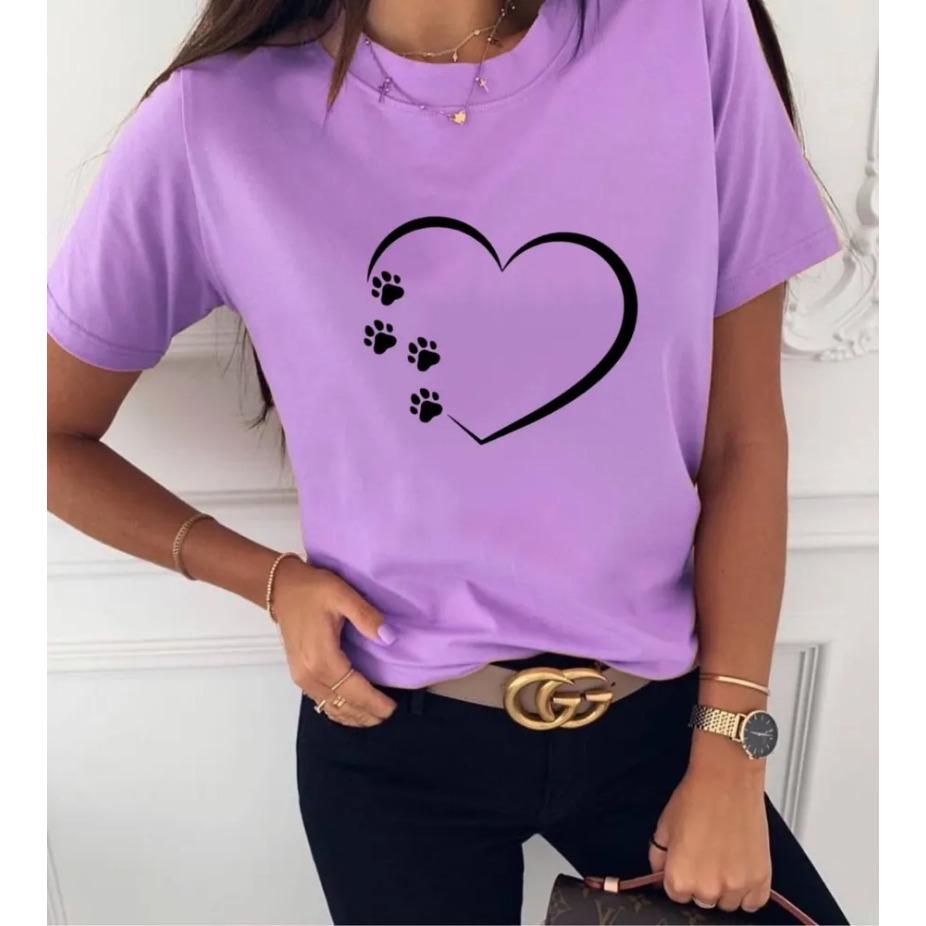 Dámské bavlněné letní tričko s krátkým rukávem a potiskem srdce, s kulatým výstřihem