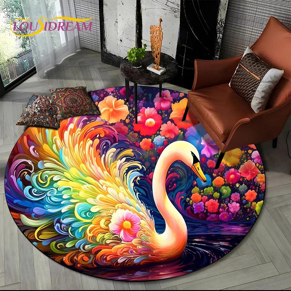 3D Dream Love Swan Cartoon Cygnus Girl Gift Round Carpet Rug for Living Room Bedroom Child Decor,Pet Area Rug Non-slip Floor Mat