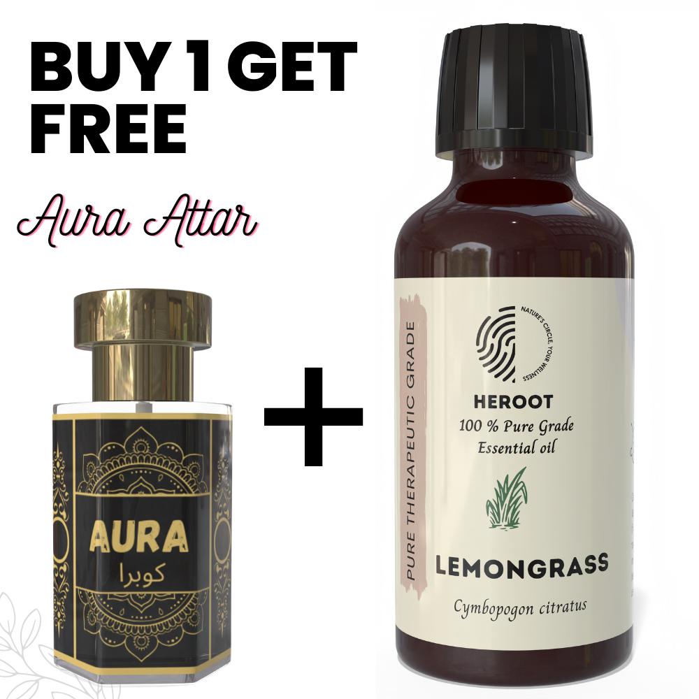 Lemongrass Essential Oil 10ml for Aromatherapy & Home Fragrance Get 1 Free 6 Ml Attar – Aqua AQ, Dubai Oud, Aura, White Oud